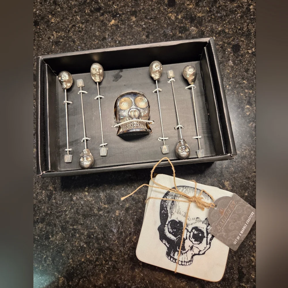 Silver Skull Cocktail Picks Set And Skull Marble Coaster Set